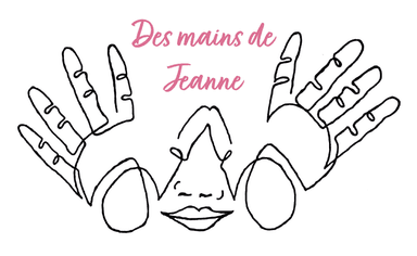 Logo Des Mains de Jeanne : un visage avec les mains ouvertes devant les yeux, dessiné en un seul trait.